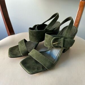 Marion Parke olive green suede open toe heeled sandals